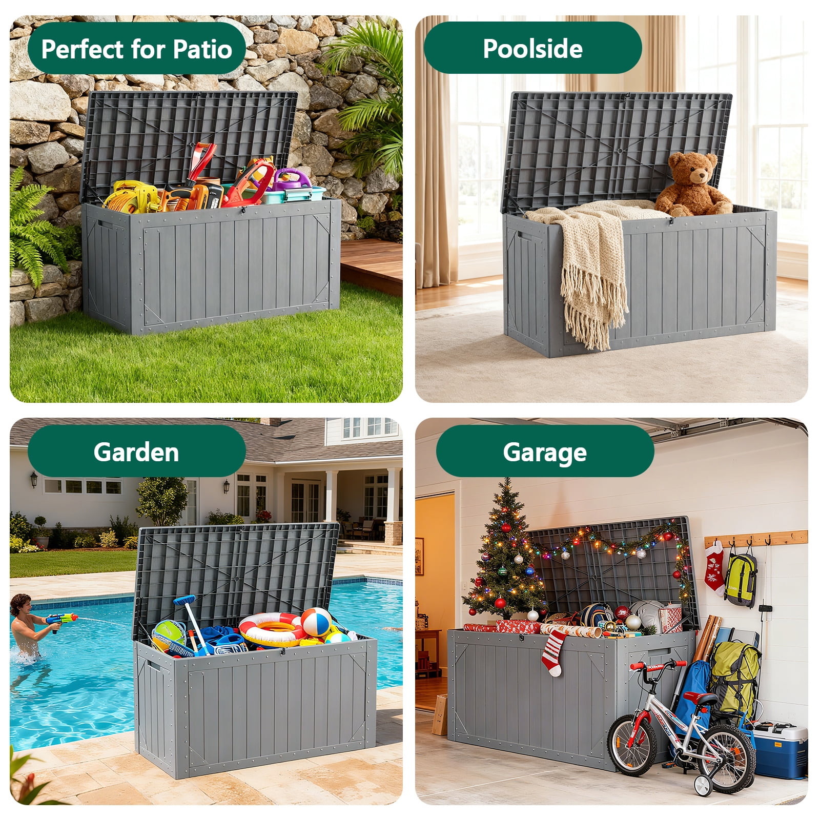 HaiCube 100 Gallon Lockable Resin Deck Box,Waterproof UV Resistant Outdoor Storage Bin with Lid for Patio,Garden & Pool Accessories,Gray