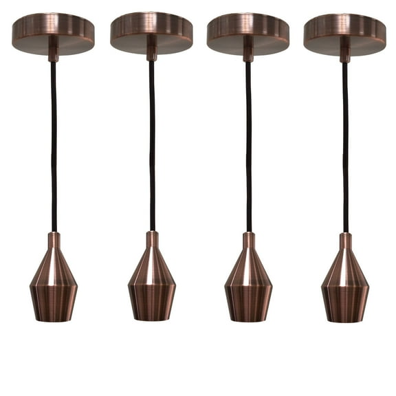 Royal Designs Keyless Antique Copper Cone-Shaped Pendant Light Socket and Canopy with Brown Rayon Fabric Cord, Set of 4
