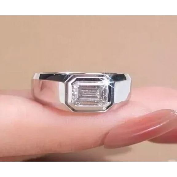 2Ct Emerald Cut Lab-Created Diamond Men's Engagement Ring 14k White Gold Plated