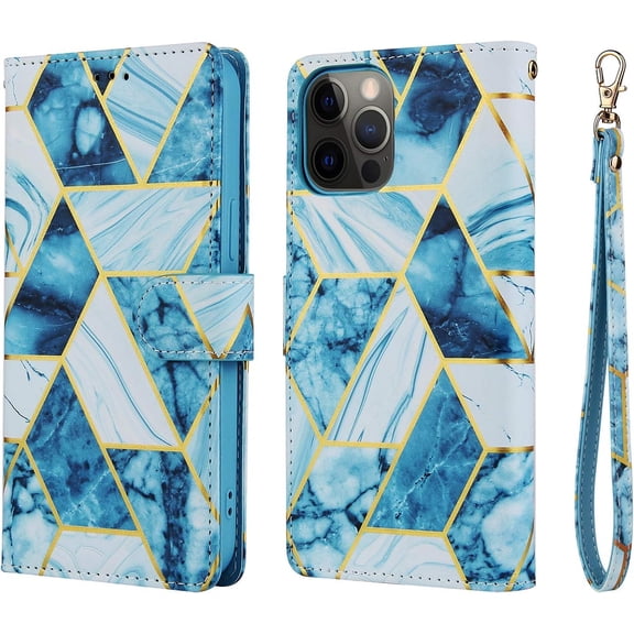Case for iPhone 12 Pro Max 6.7 inch, Premium PU Leather Golden Embossed Geometric Marble Pattern Wallet Case with Detachable Wrist Strap, Magnetic Closure Card Slots Flip Case - Blue
