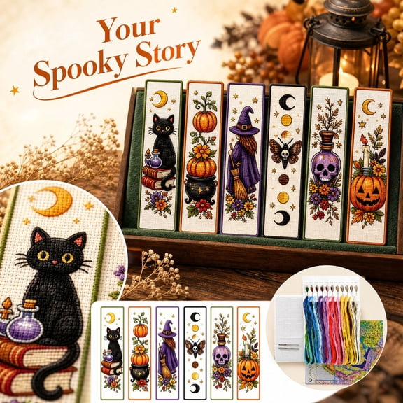 Halloween Cross Stitch Bookmark Kit, Pumpkin Black Cat Witch Skull Design, DIY Hand Embroidery Craft Kit for Bookmark Making, Fall Halloween Craft Supplies