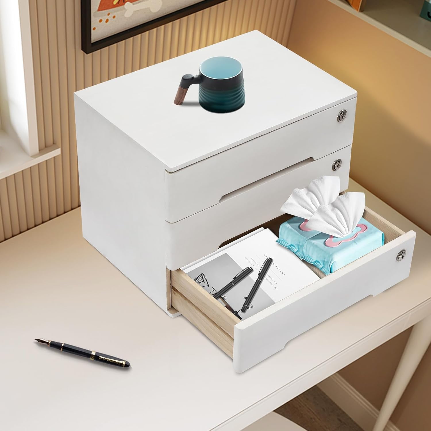 3-Drawer Desktop Storage Cabinet, White Wooden Desk Organizer Cabinet with Lockable Drawers, for Office Home Stationery & Cosmetics Storage
