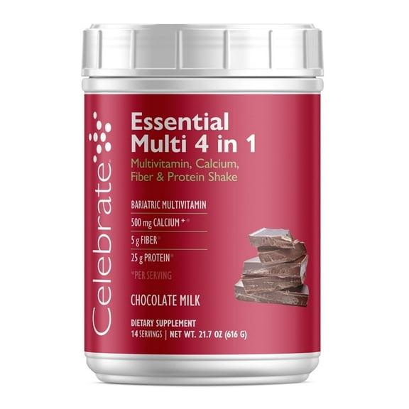 Celebrate Vitamins 4-in-1 Bariatric Multivitamin with Calcium Protein Shake, Chocolate, 20 oz. tub