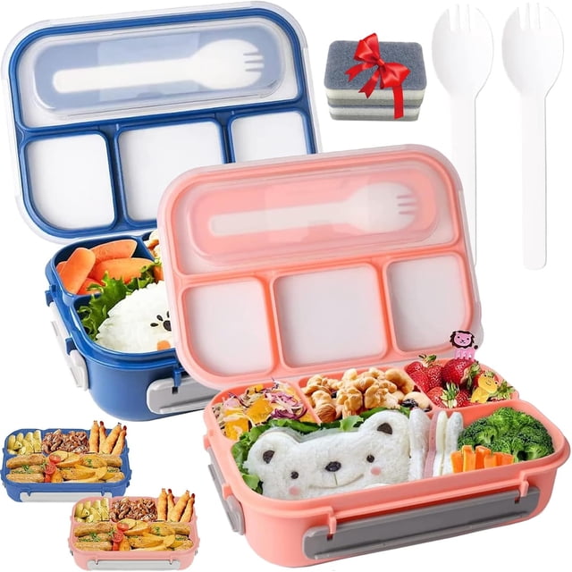 2 Set Grande Caja Bento Box 1300 ml + 2 Pcs Cepillo para Lavar los Platos, Lonchera para Niños y Adultos, Caja de Almuerzo con Cuchara, Fiambreras con 4 Compartimentos, Contenedores de Almuerzoa