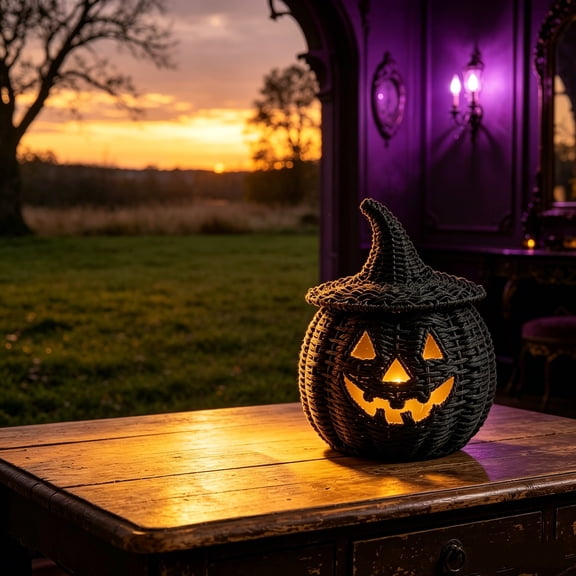 Mskk 11" Black Pumpkin Handwoven Halloween Decoration, Rattan Pumpkin Basket with Witch Hat, Candy Bowl, Halloween Decor for Indoor Home Party