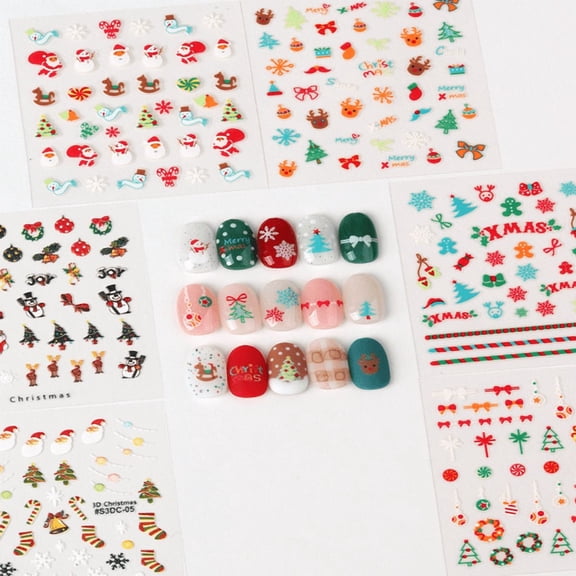 Alvantor 30 Sheets 3D Christmas Nail Stickers, Self-Adhesive Holiday Nail Art Decals with Santa, Reindeer, Snowflake and Tree Designs