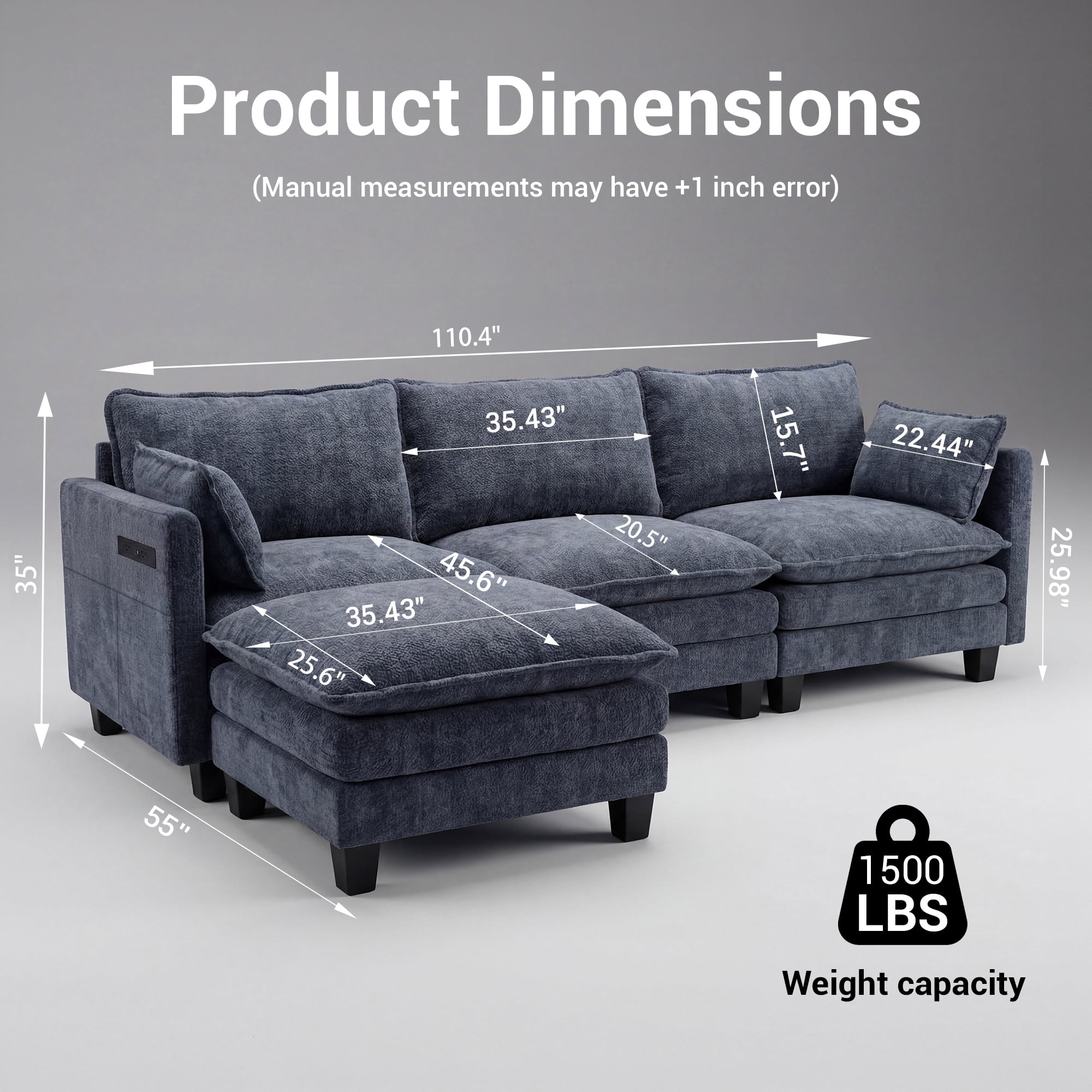 Modern 110"W Chenille L-Shape Sectional Sofa Set,3-Seat Sofa Couch + Ottoman, USB Port, Side Pocket