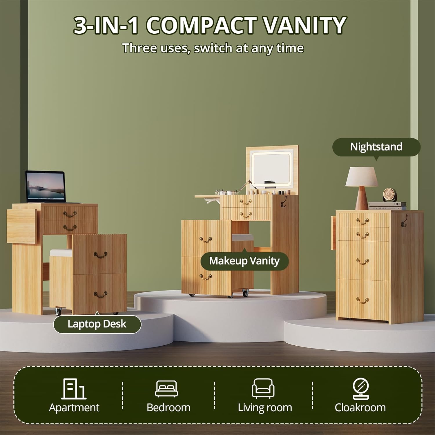 SELOOYE 3-in-1 Vanity with Flip Mirror & Lights, Fluted Compact Vanity Table with 3 Drawers, Storage Compartment and Rolling Stool, Modern Small Makeup Vanity for Bedroom, Powder Room, Natural Oa