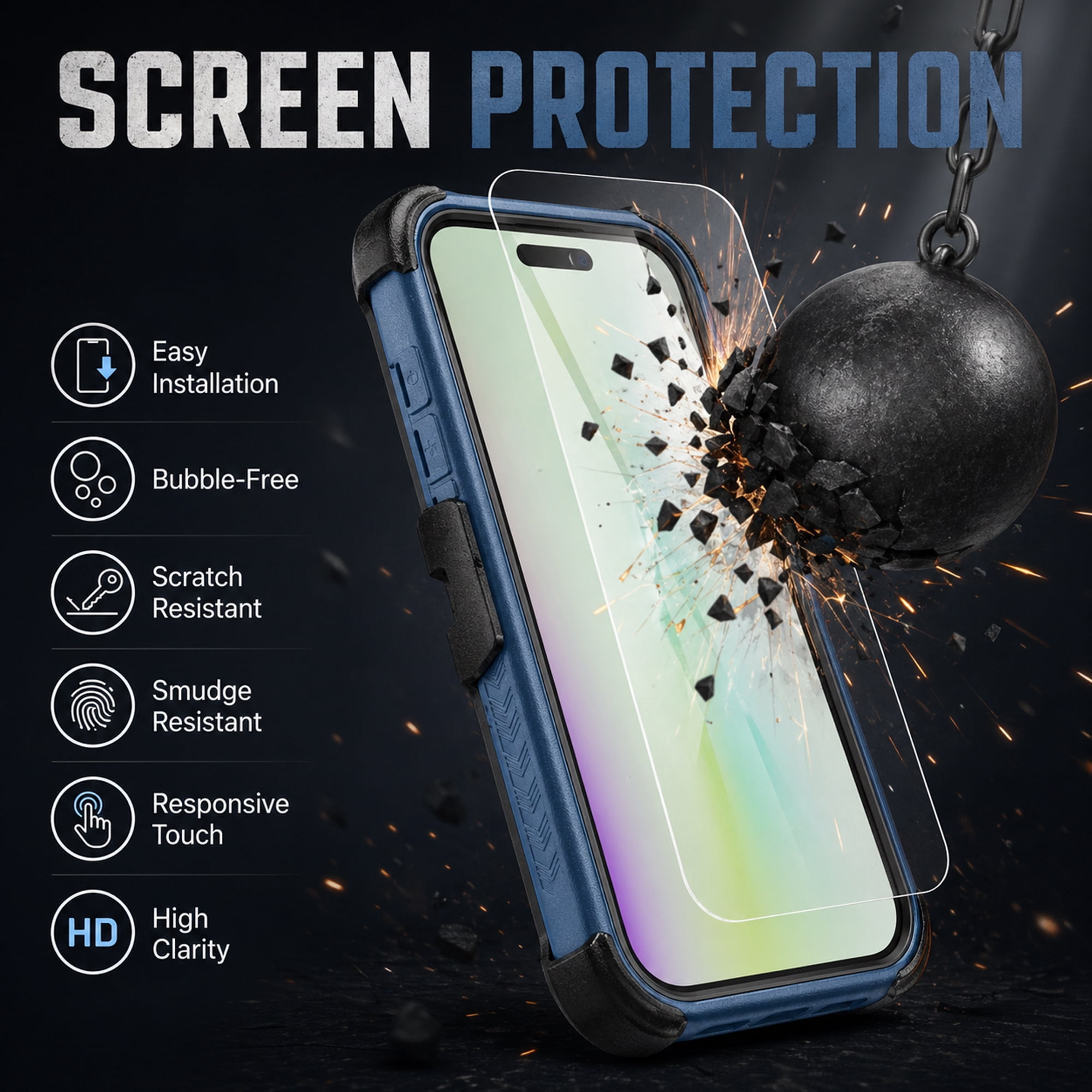 Hybrid Rugged Case with Detachable Belt Clip Holster and Tempered Glass Screen Protector, Magnetic Charging-Compatible, Blue, Compatible with iPhone 17