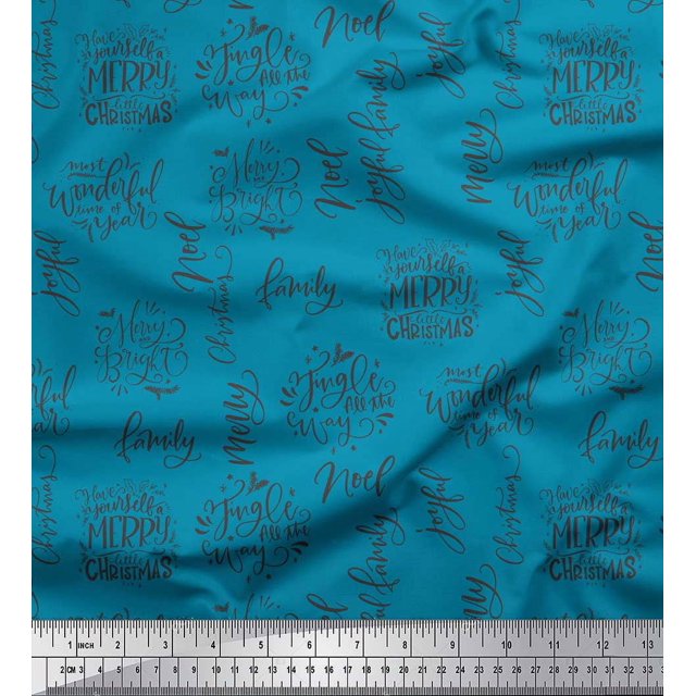 Soimoi Blue Heavy Satin Fabric Merry Christmas Text Print Fabric by Yard 54 Inch Wide