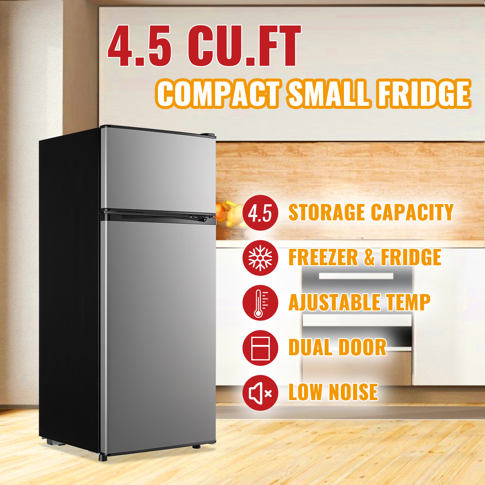 JIEJIA Double Door Small Refrigerator, 4.5 Cubic Feet Mini Fridge with 7-Level Adjustable Thermostat for Office, Dorm, Bedroom, Home and Apartment, Silver