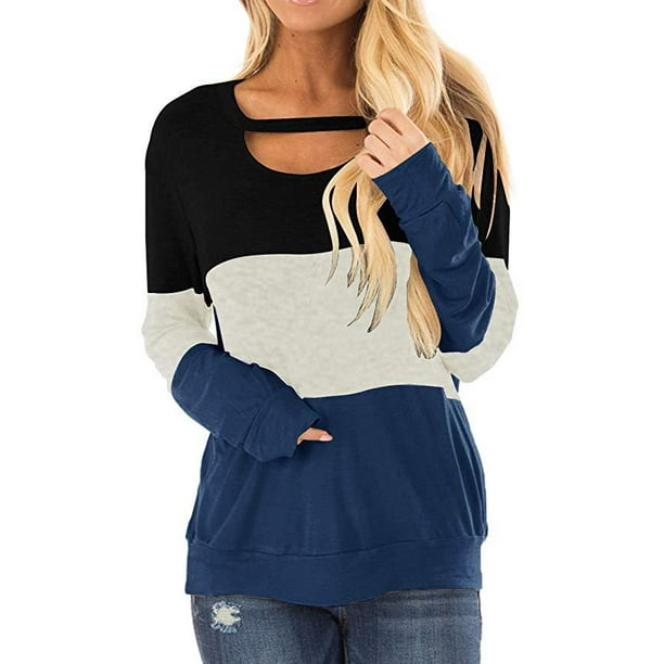 Women s New Color Block Crew Neck Sweater Horizontal Long Sleeved