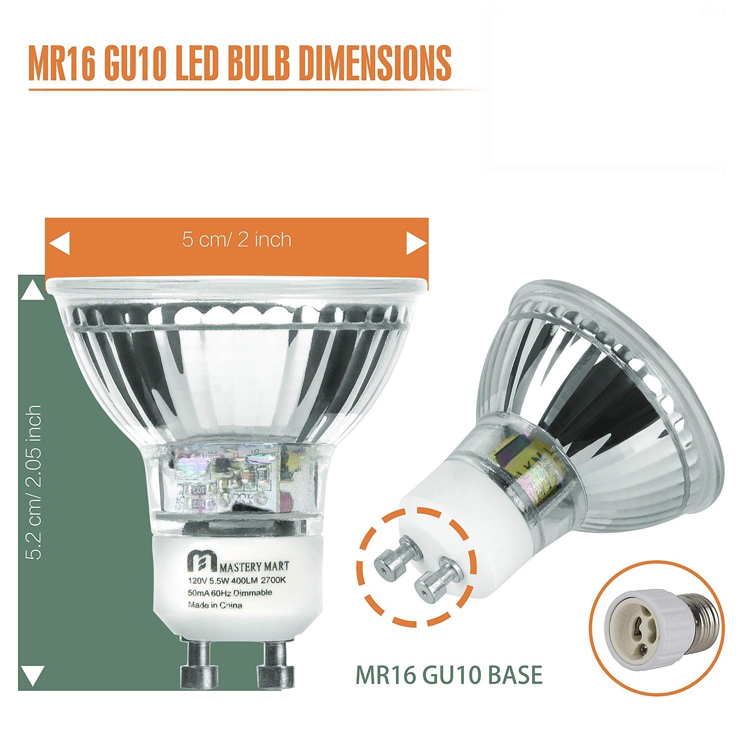 LED GU10 Spotlight Light Bulbs, 50 Watt Equivalent, 5.5W Dimmable, MR16 Full Glass Cover, 2700K
