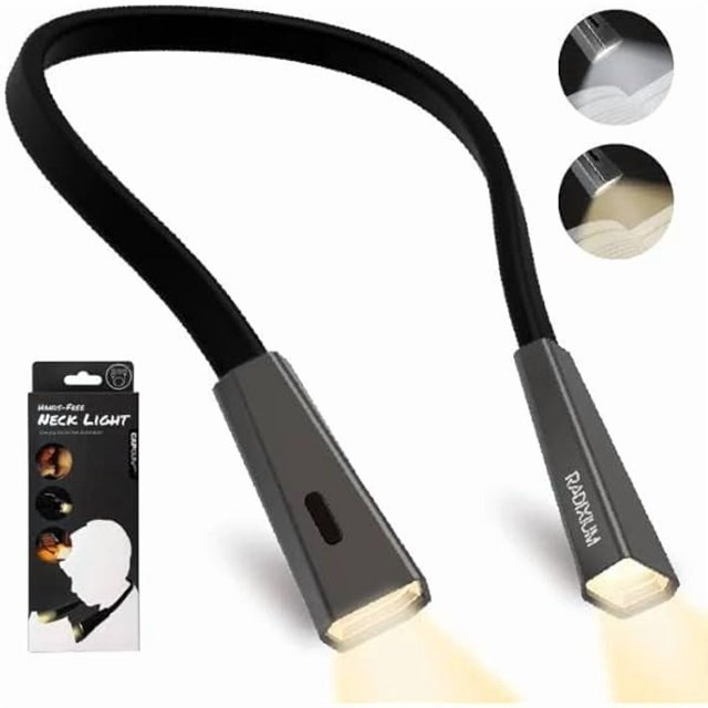 wonima02 Silver LED Neck Rechargeable Reading Light, Multifuntion Book Light for Reading in Bed and Camping, 4 Brightness Levels, Bendable Arms, Super Soft Materials Made Comfort & Lightweight