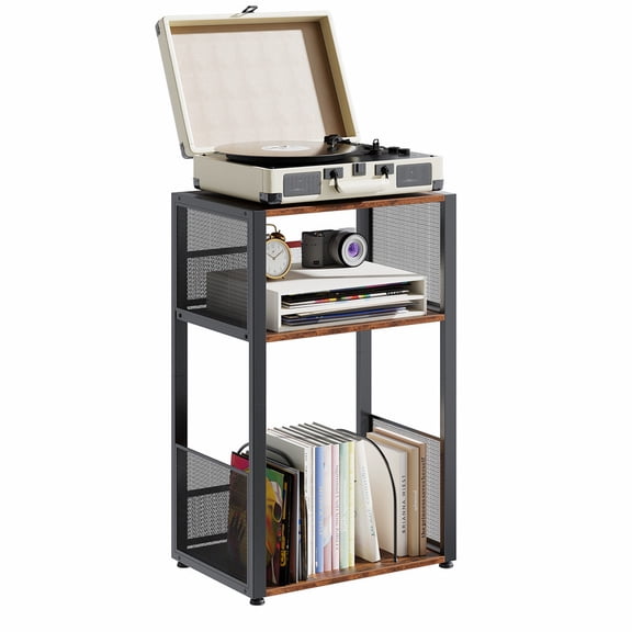 Gianna Record Player Stand, 3 Tier Turntable Table with Vinyl Storage for up to 100 Albums, End Side Table for Living RoomRust Brown