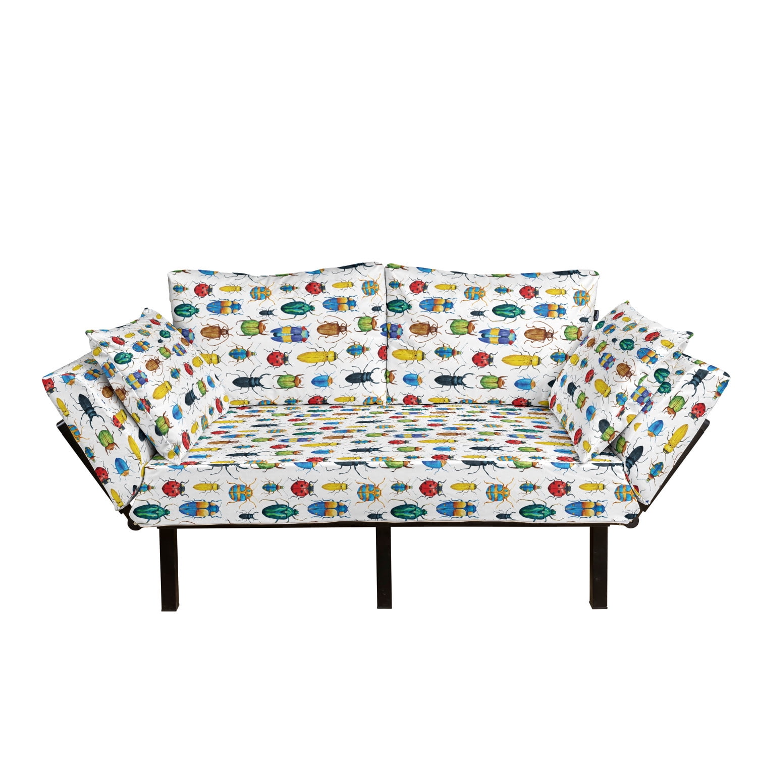 Watercolor Futon Couch, Colorful Insects Brush Strokes Effect Various