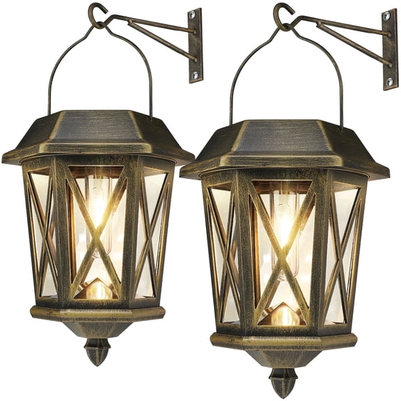2 Pack Solar Lantern Outdoor Waterproof, Metal Solar Lights Outdoor with Clear Glass, LED Solar Powered Lights Wall Mount for Yard Garden Wall Outdoor - Bronze