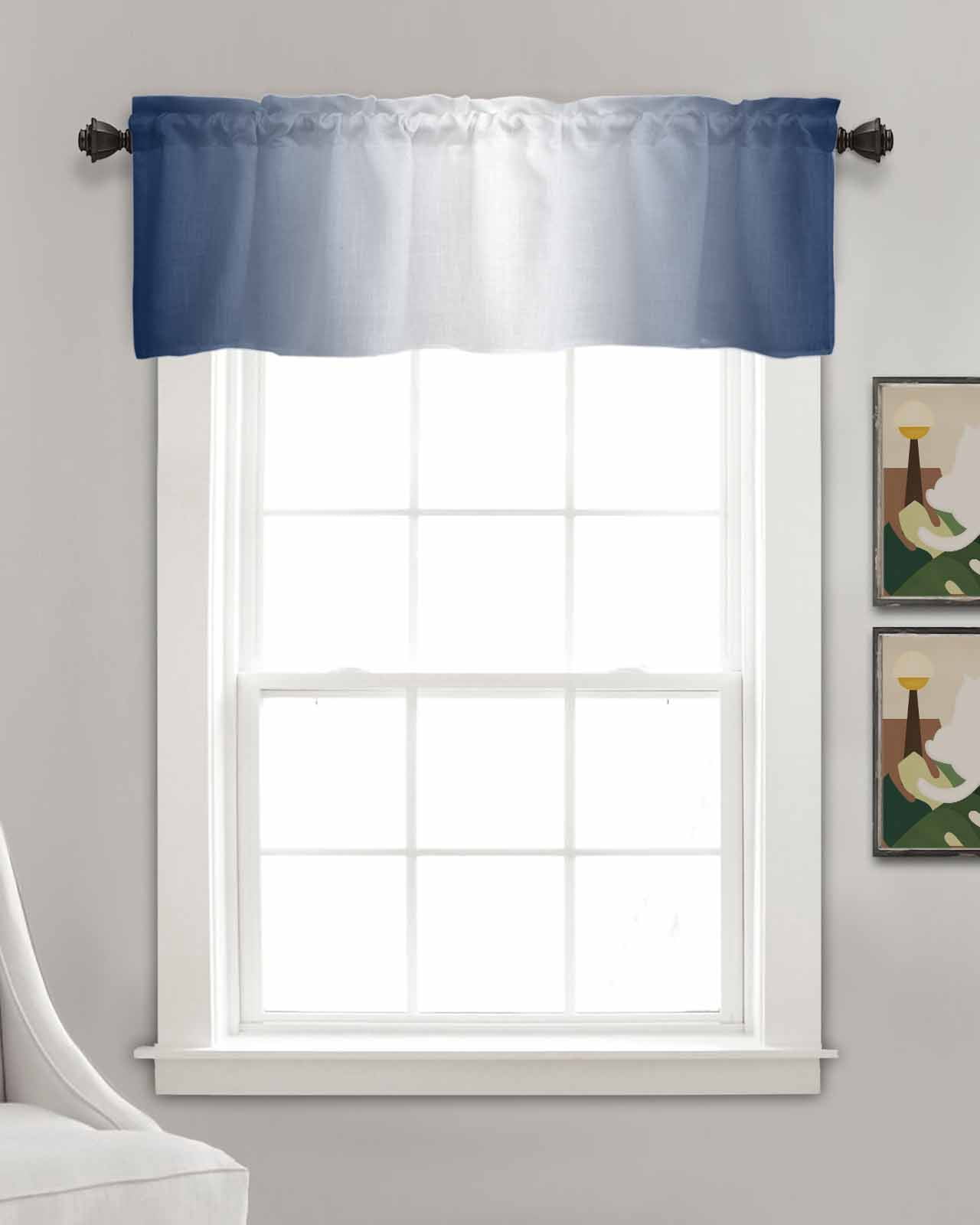 Dark Blue White Linen Curtain Valance for Bedroom/Bathroom/Kitchen/Office/Living/Dining Room Window,Modern Minimalist Geometric Striped Pocket Topper Drapes Decorative Cafe Drapery Panel 42"x18"