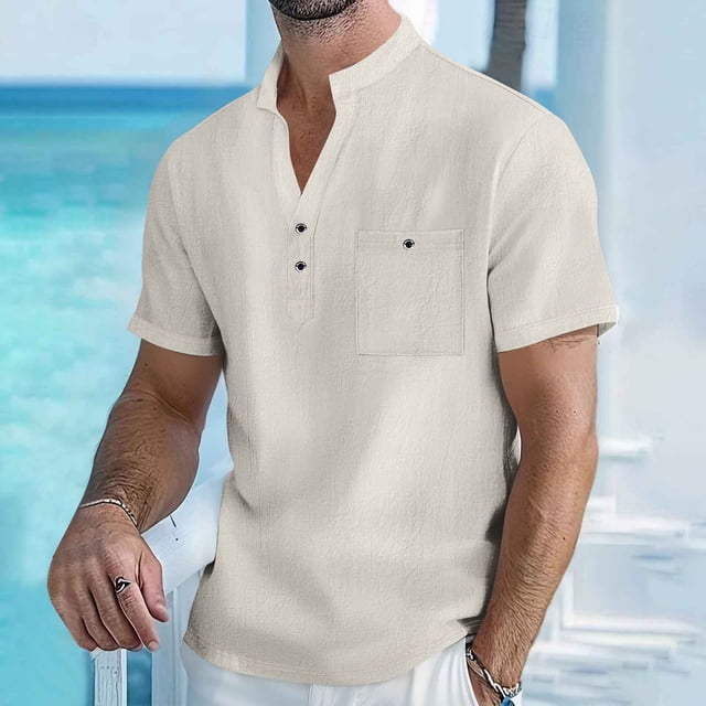pstuiky camisetas para hombre, Blusa de lino con cuello alto, manga corta y botones de bolsillo para hombre camisas casuales para hombre l