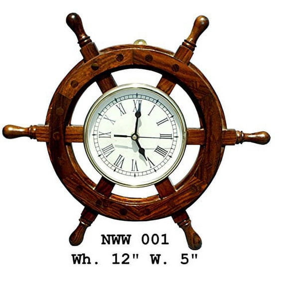 "Nagina International 12"" Nautical Wooden Ship Wheel with 5"" Clock - Pirate   Home Decor Wall Hanging"