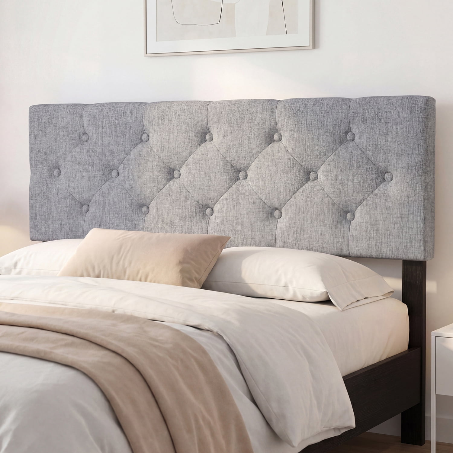 Furnibear Upholstered Tufted Headboard for Full and Queen Beds, Linen Bed Frame Headboard with Adjustable Legs, Fits Queen Bed Frame, Gray