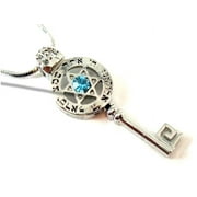 Holy Land Market Shema Israel prayer on Key with Star of David and stone necklace with long chain - Rhodium plated