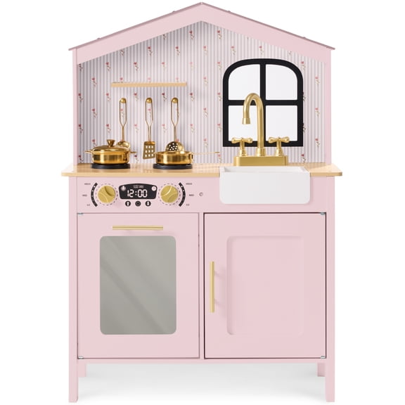 Best Choice Products Farmhouse Wooden Play Kitchen for Kids with Storage, Accessories & Clicking Knobs, Ages 3 - Pink
