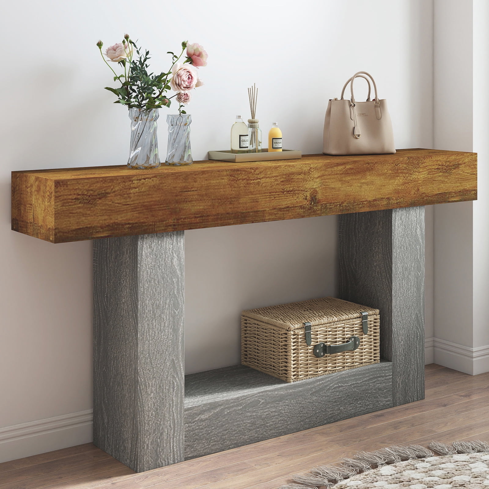 Hommoo 63" Wooden Console Table, Farmhouse 2-Tier Sofa Table, Entryway Table Hallway Table, Brown & Gray