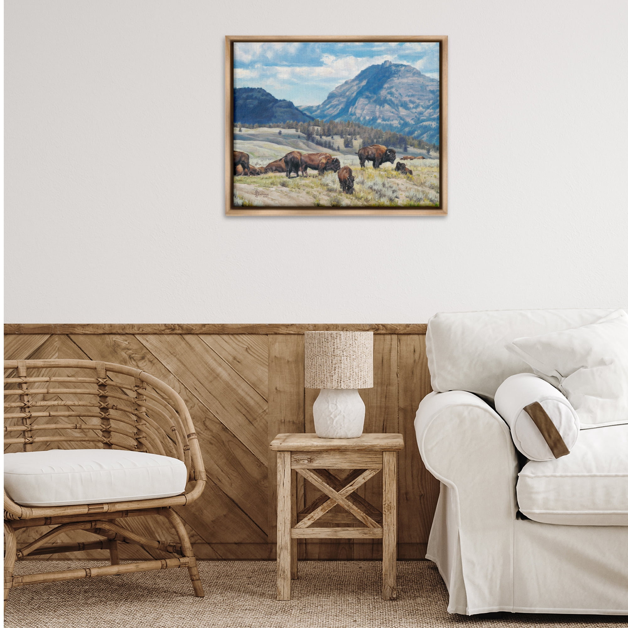 Stupell Industries Sunny Afternoon Bison Landscape Painting Brown Floater Framed Canvas Art Print Wall Art, 31 x 25