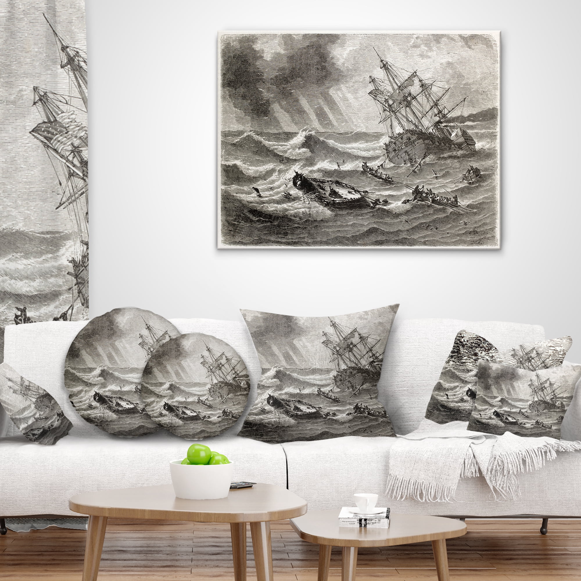 Designart Vintage Shipwreck - Seascape Throw Pillow - 18x18