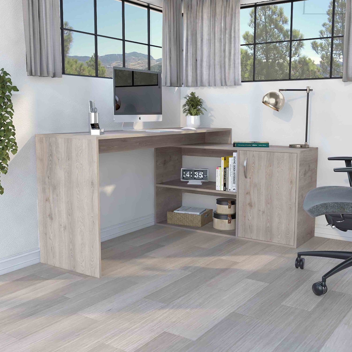 Asteroutdoor Axis Modern L-Shaped Computer Desk with Storage, Light Gray