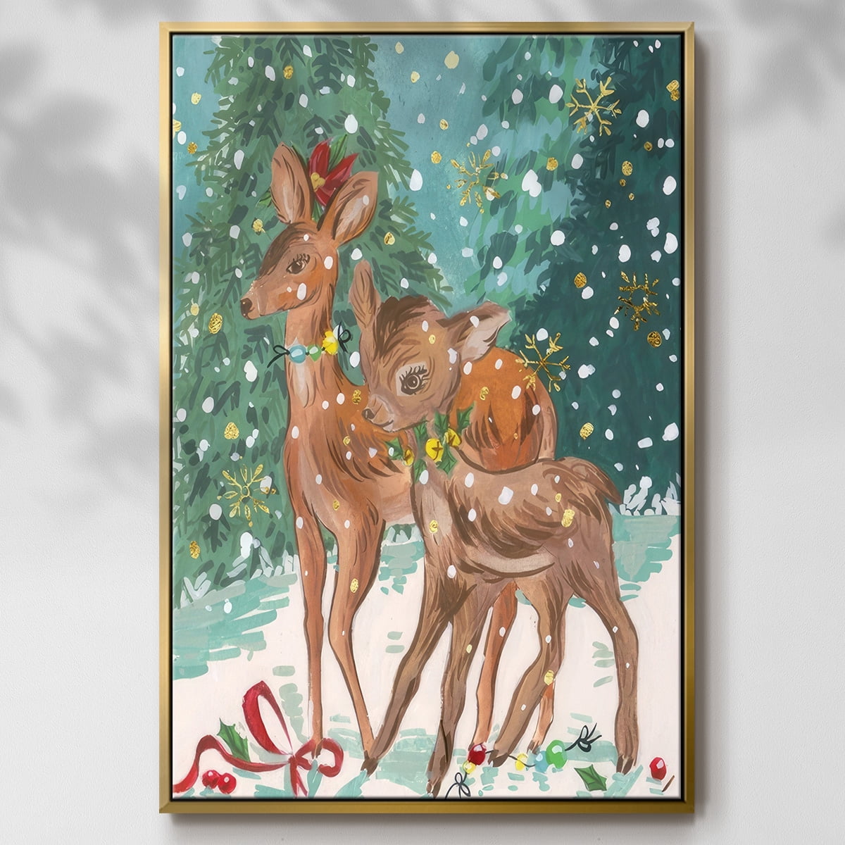 Doe and Fawn I - Framed Gallery Wrapped Holiday Canvas - 17 x 25 - Gold Frame