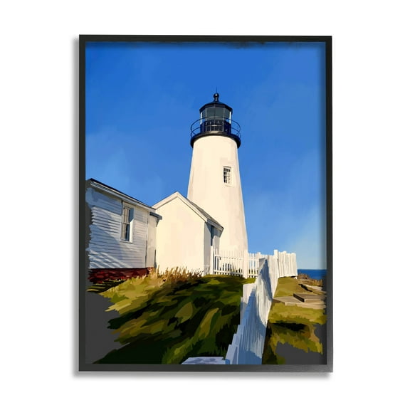 Stupell Industries Coastal Lighthouse Clear Blue Sky Graphic Art Black Framed Art Print Wall Art, Design by Emily Kalina