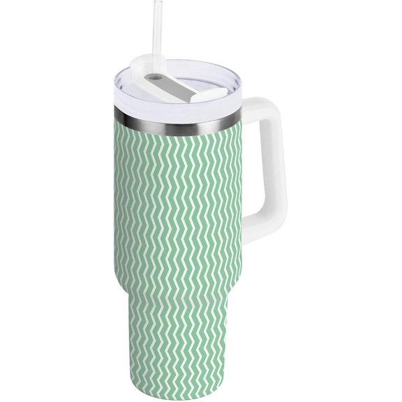30 oz Tumbler with Handle Lid and Straw Insulated Water Tumbler Stainless Steel Water Cup Mug Bottle Reusable Cup Holder Friendly Green Zigzag Lines