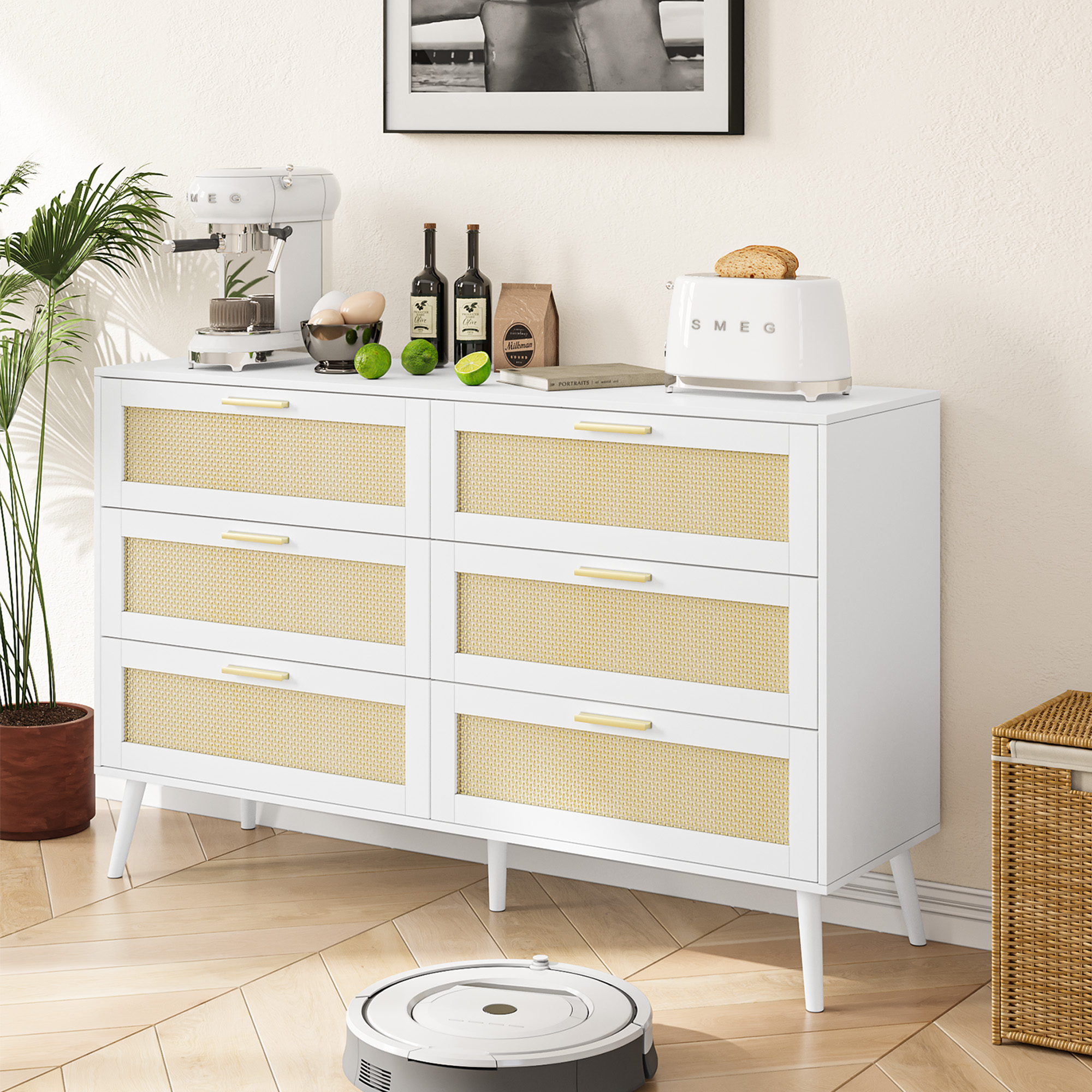 Finihen Rattan 6 Drawers Chest of Dressers, Modern 6 Drawer Dresser, Wide Chest of Drawers with wood Handles, Rattan Dresser Storage Cabinet, for Living Room, Bedroom, Hallway, White Finihen Rattan 6 Drawers Chest of Dressers, Modern 6 Drawer Dresser, Wide Chest of Drawers with wood Handles, Rattan Dresser Storage Cabinet, for Living Room, Bedroom, Hallway, White