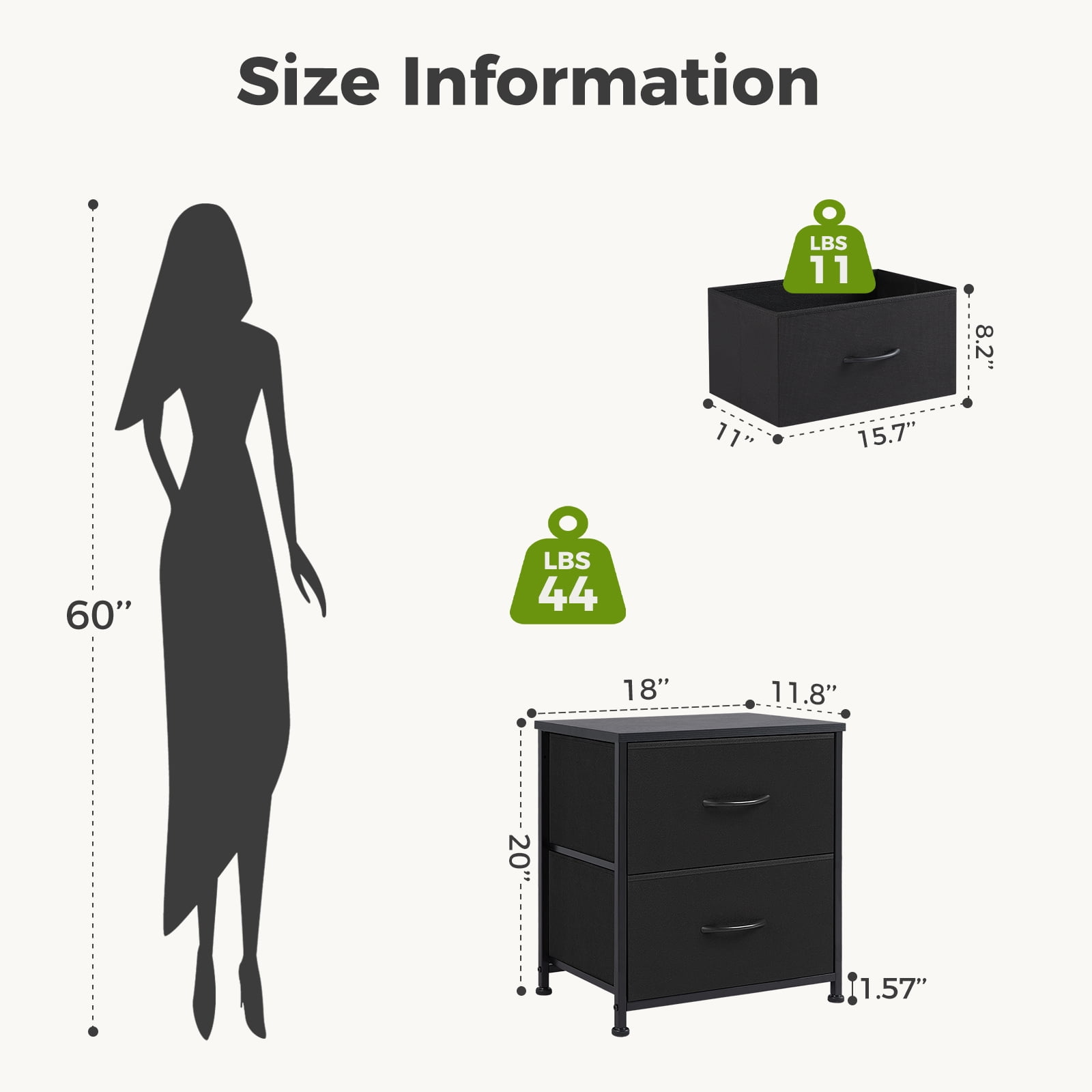 JIOABL Fabric Dresser with 2 Drawers, Nightstands with Adjustable Feet, End Table for Bedroom, Living Room, Black