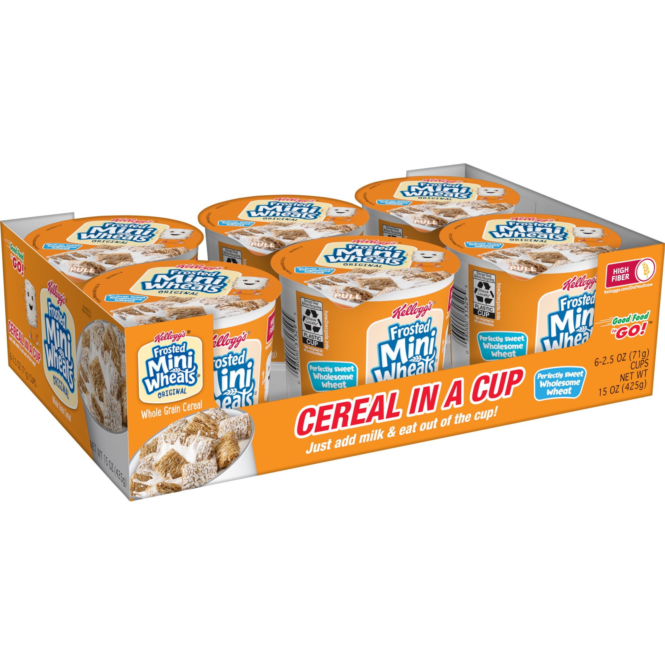 Kellogg's Frosted Mini-Wheats Breakfast Cereal Cups, Original, 15 oz, 6 Count