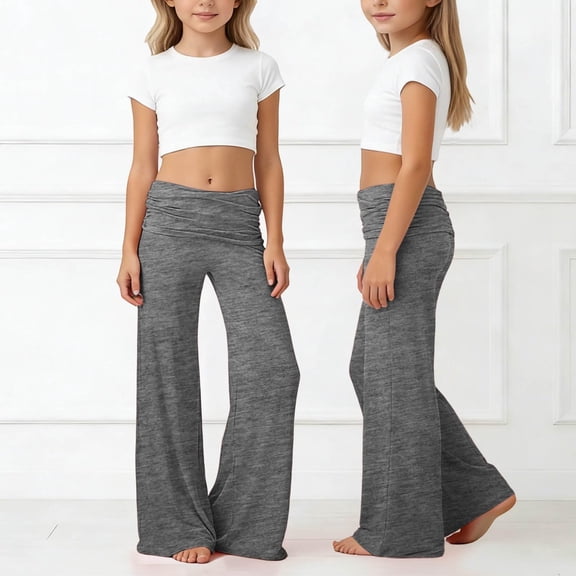 Nestiefly Girls Fold Over Yoga Pants Y2K Wide Leg Flared Leggings Foldover Low Waist Stretch Bell Bottoms Cute Flowy Pants Dark Gray 150