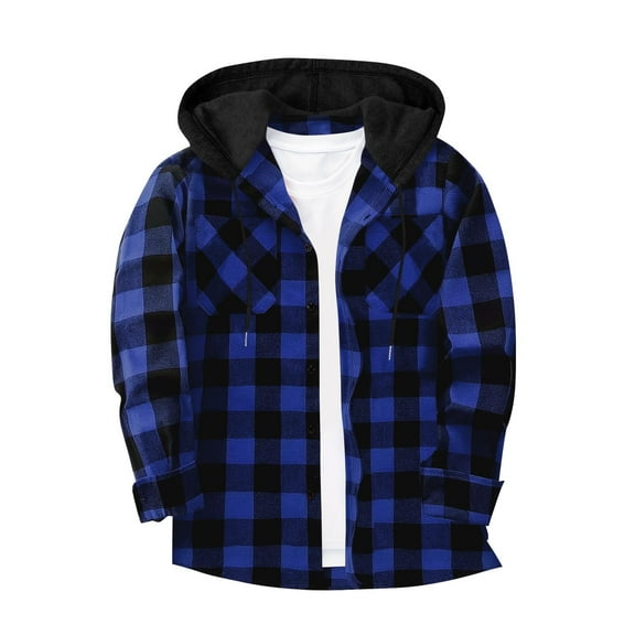 MELDVDIB Mens Button-Up Plaid Shirts Vintage Fall Winter Long Sleeve Hooded Jacket Shirts Casual Light Weight Comfy Coats with Pockets