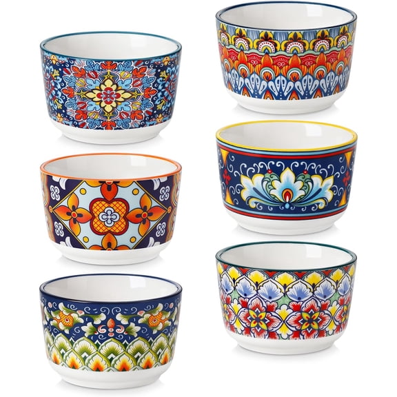 4 Oz Ramekins Oven Safe Set of 6, Bohemian Creme Brulee Ramekins, Colorful Souffle Dishes, Pudding Custard Cups for Baking, Small Ceramic Bowls for Dipping Sauce, Ice Cream
