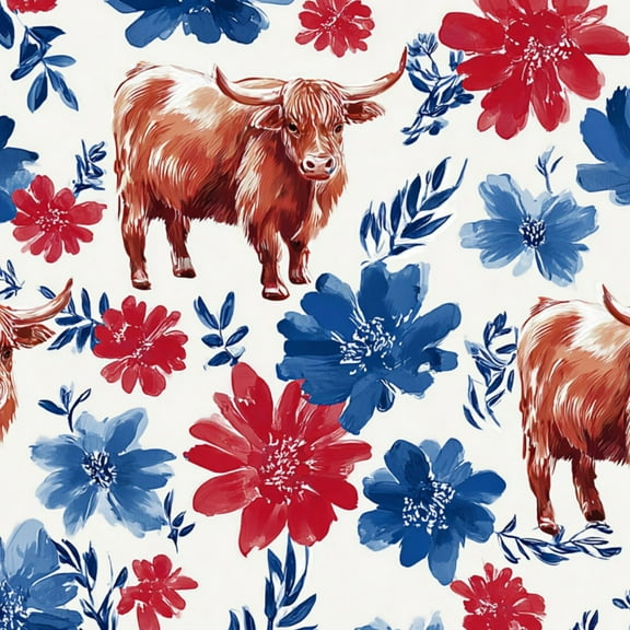 Western Peel and Stick Wallpaper Highland Cow Red Blue Floral Design Wall Mural 23.6in x 9.8ft Self Adhesive Removable Wall Paper Renter Friendly Wallpaper for Nursery Bedroom Cabinets
