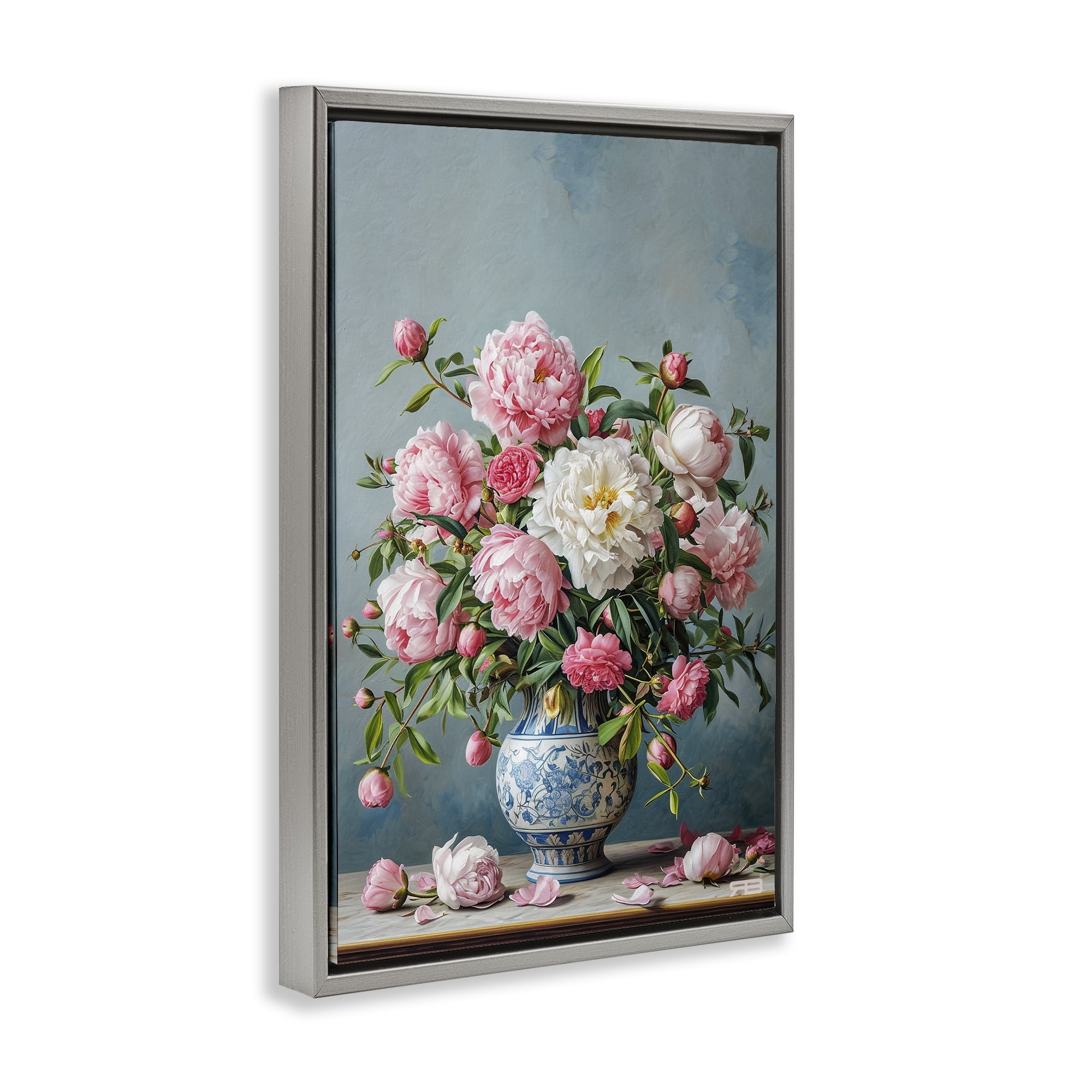 Stupell Industries Full Peonies Vase Botanical & Floral Painting Gray Floater Framed Art Print Wall Art, 17 x 25