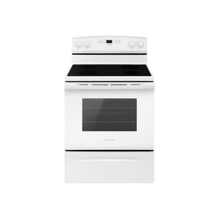 30 wide electric coil top range in white with black door, oven window, and  high backguard 
