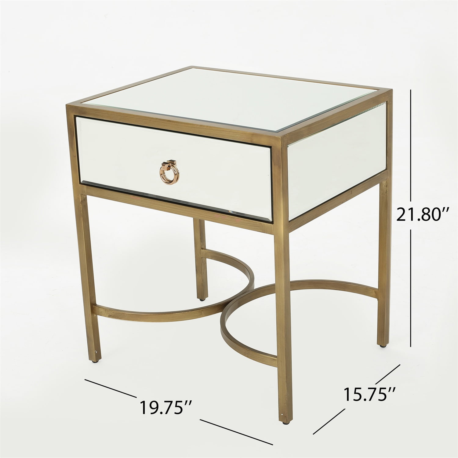 Kadyn Modern Mirrored Side Table, Iron End Table with Drawer, Bedside Table for Bedroom, Gold