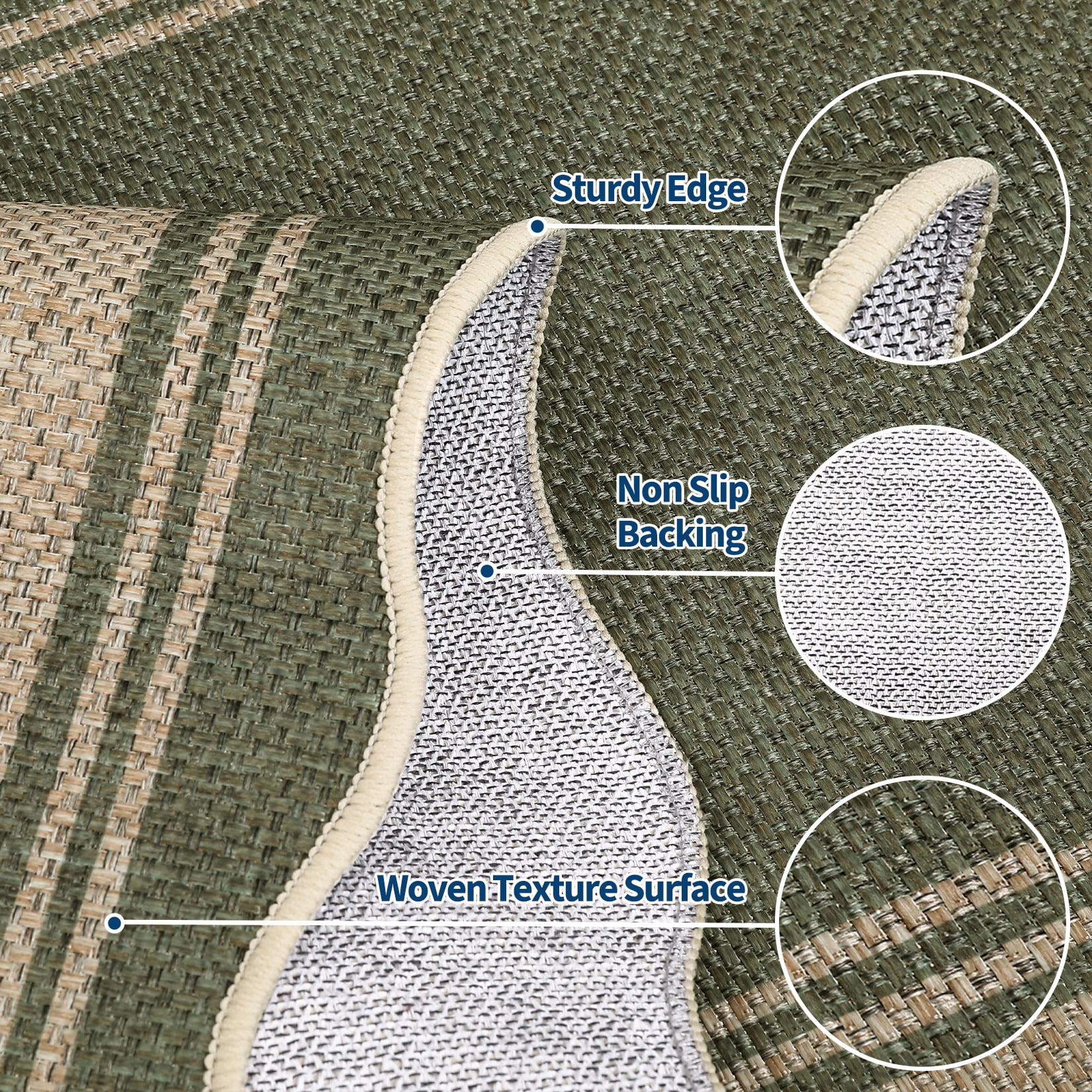 Garvee 2'x6' Scalloped Washable Indoor Outdoor Rug Natural Jute Carpet, Non Slip Low Pile Rug for Patio, Living Room, Bedroom, Home Decor, Green