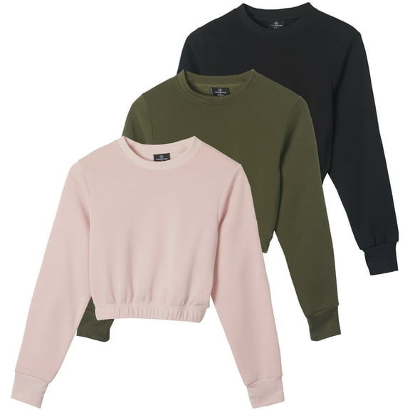 Real Essentials 3 Pack: Women's Fleece Cropped Sweatshirt - Long Sleeve Crew Neck Crop Top (Available in Plus Size)