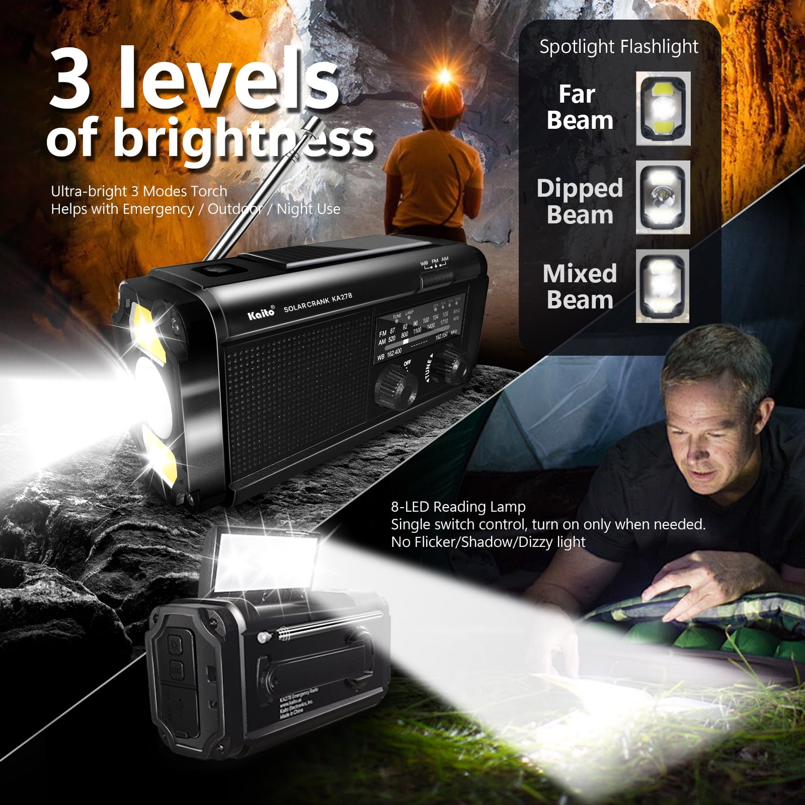 Kaito KA278 Emergency Weather Radio NOAA AM FM 4000mAh Power Bank Solar Crank - Black