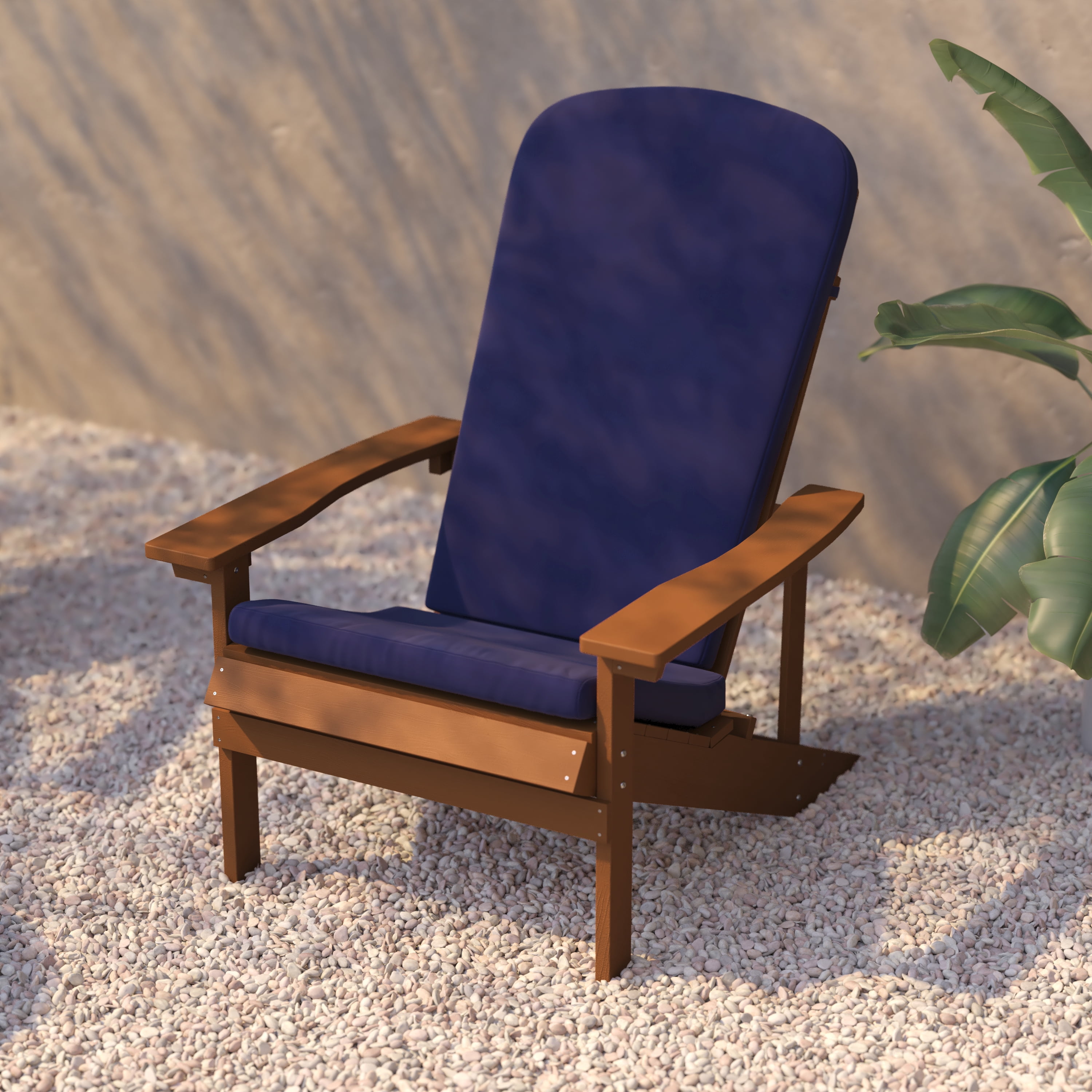 BizChair Set of 2 All-Weather Poly Resin Wood Adirondack Chairs in Teak with Blue Cushions for Deck, Porch, and Patio