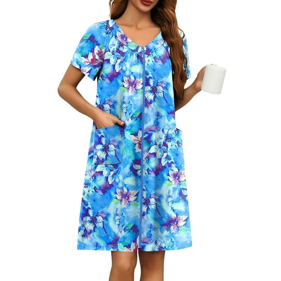 Ekouaer Robe for Women Short Zipper Floral Print Bathrobe Short Sleeve Pleated Neckline Robes Zip Up Comfy Night Gowns Soft Loungewear