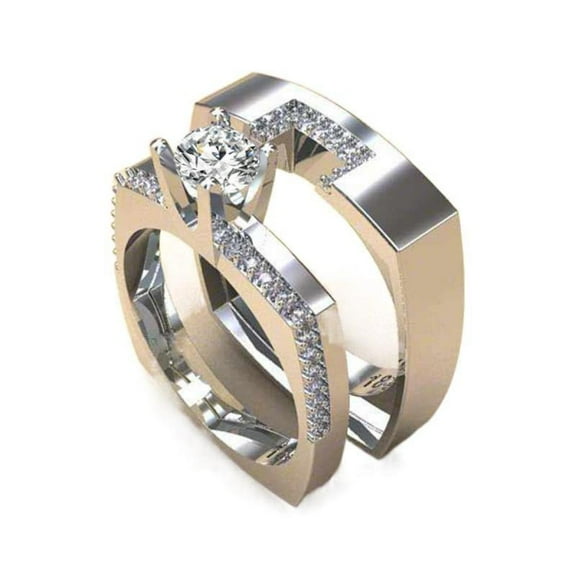 LINXIQIN 2pcs His and Hers Wedding Ring Sets Couples Engagement Rings Women and Men 925 Sterling Silver AAA Cubic Zirconia 14 k Gold-Plated